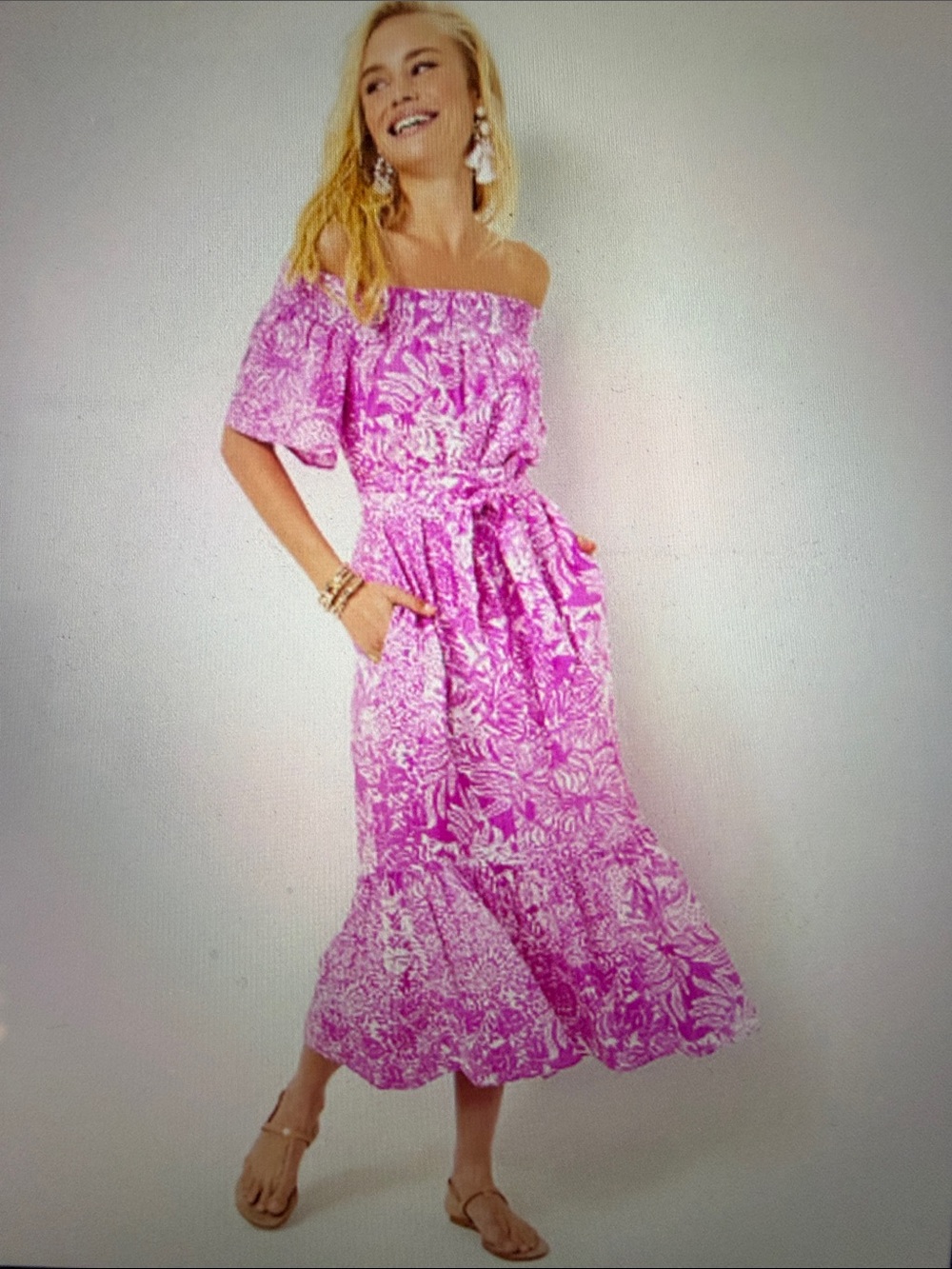 Lilly Pulitzer  NWT Isbell Off The Shoulder Linen Midi Dress in Wild Fuchsia